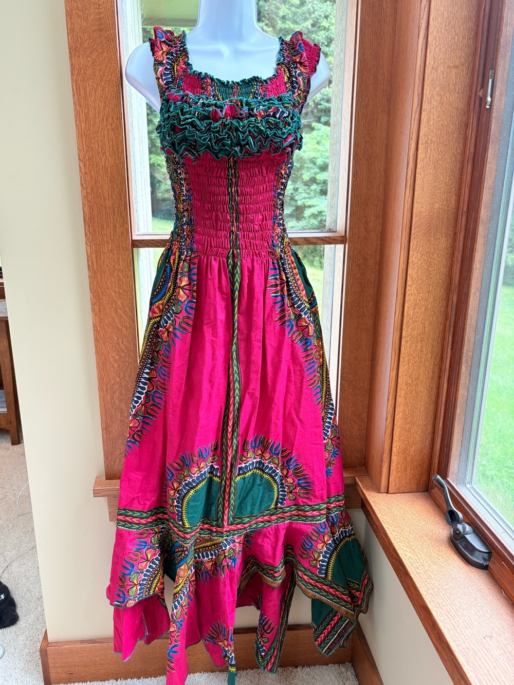 OOAK Wax Block Navajo Dress Fuchsia Pink & Green Ruffle Smocked Maxi Stretch